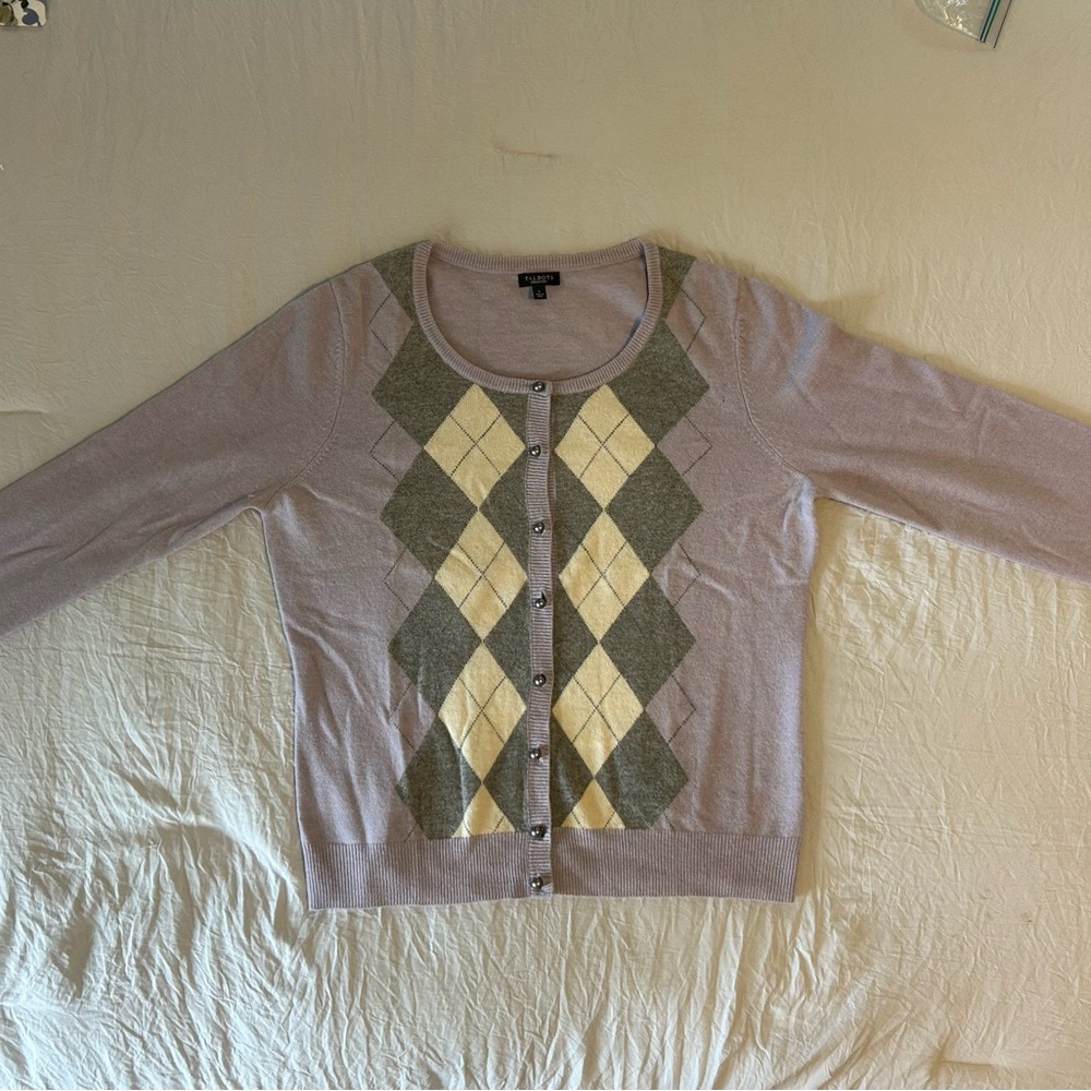 Talbots Classy and Timeless Large Argyle Cardigan in Lavender, Gray and Cream